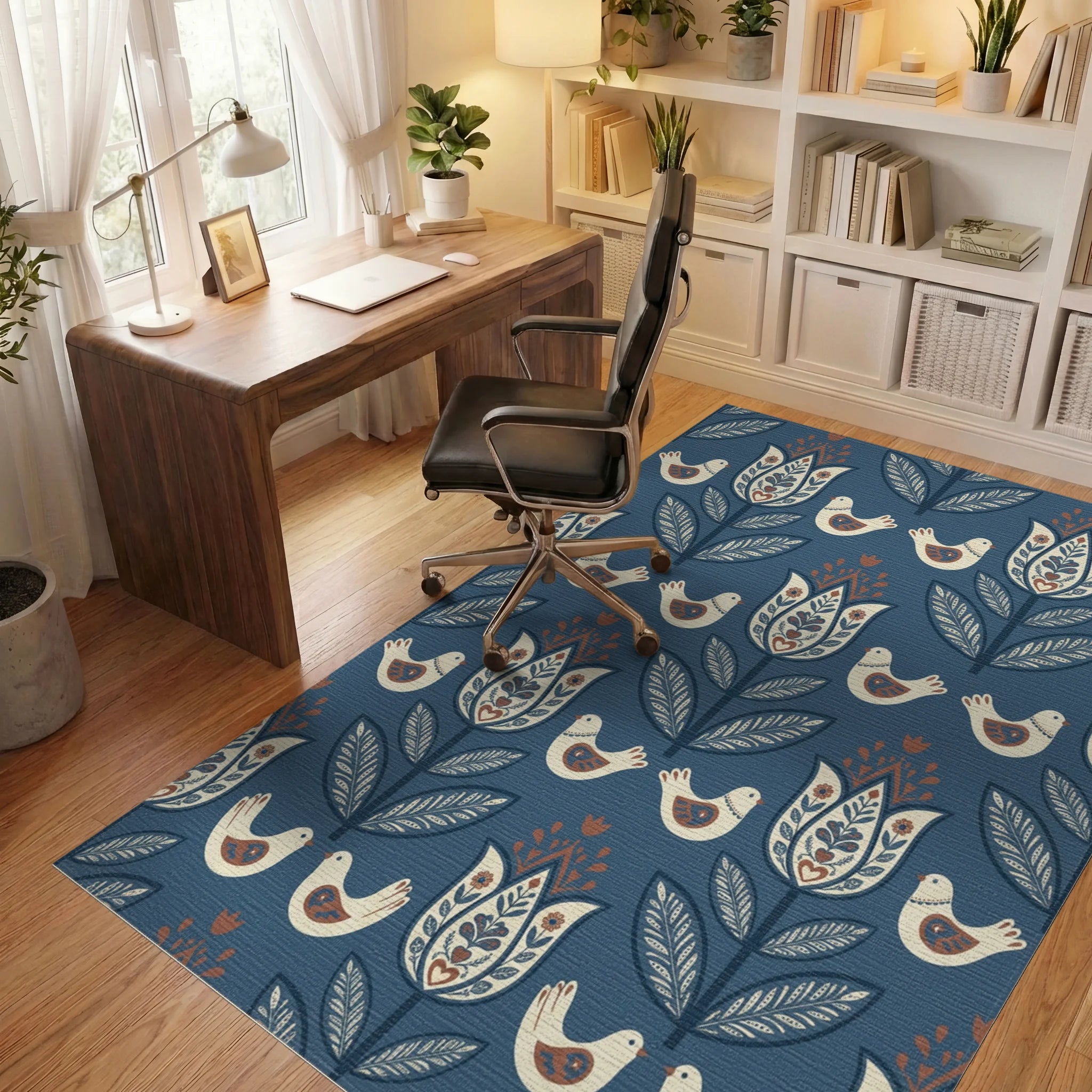 Dark Blue Folk Art Floral Bird Rug Office View