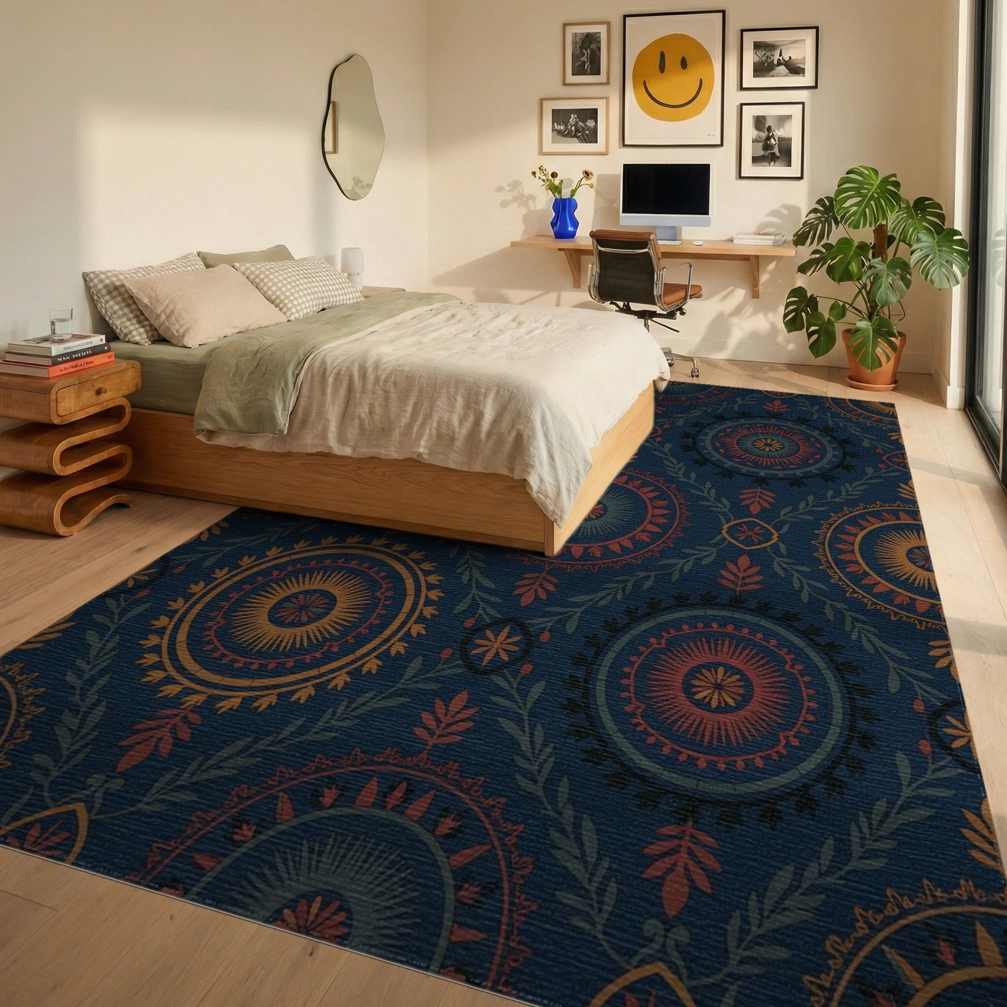 Dark Blue Medallion Floral Foliage Rug Bedroom View