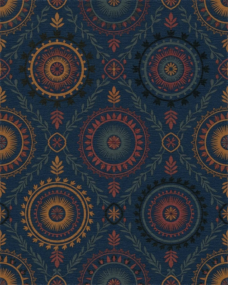 Dark Blue Medallion Floral Foliage Rug - Cutout View
