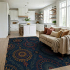 Dark Blue Medallion Floral Foliage Rug Living Room View