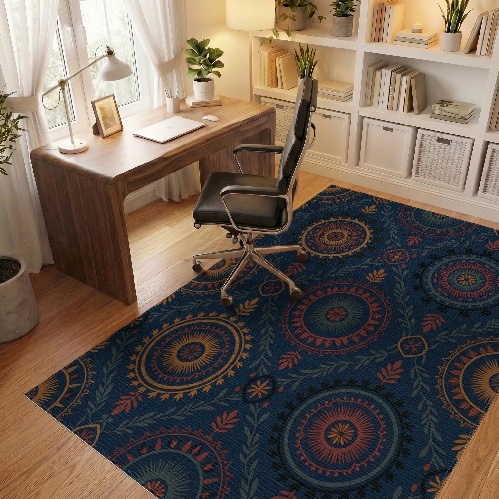 Dark Blue Medallion Floral Foliage Rug Office View
