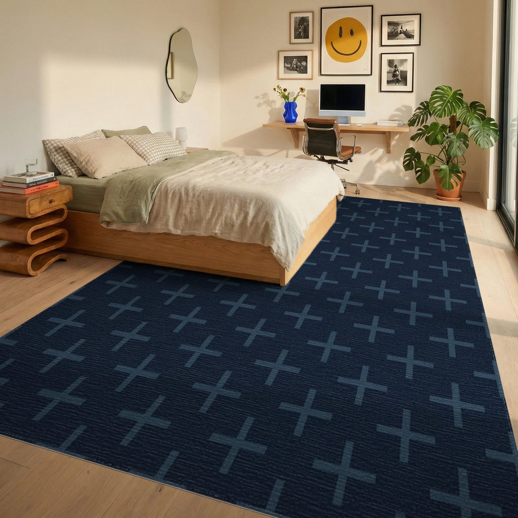 Dark Blue Plus All Over Rug Bedroom View