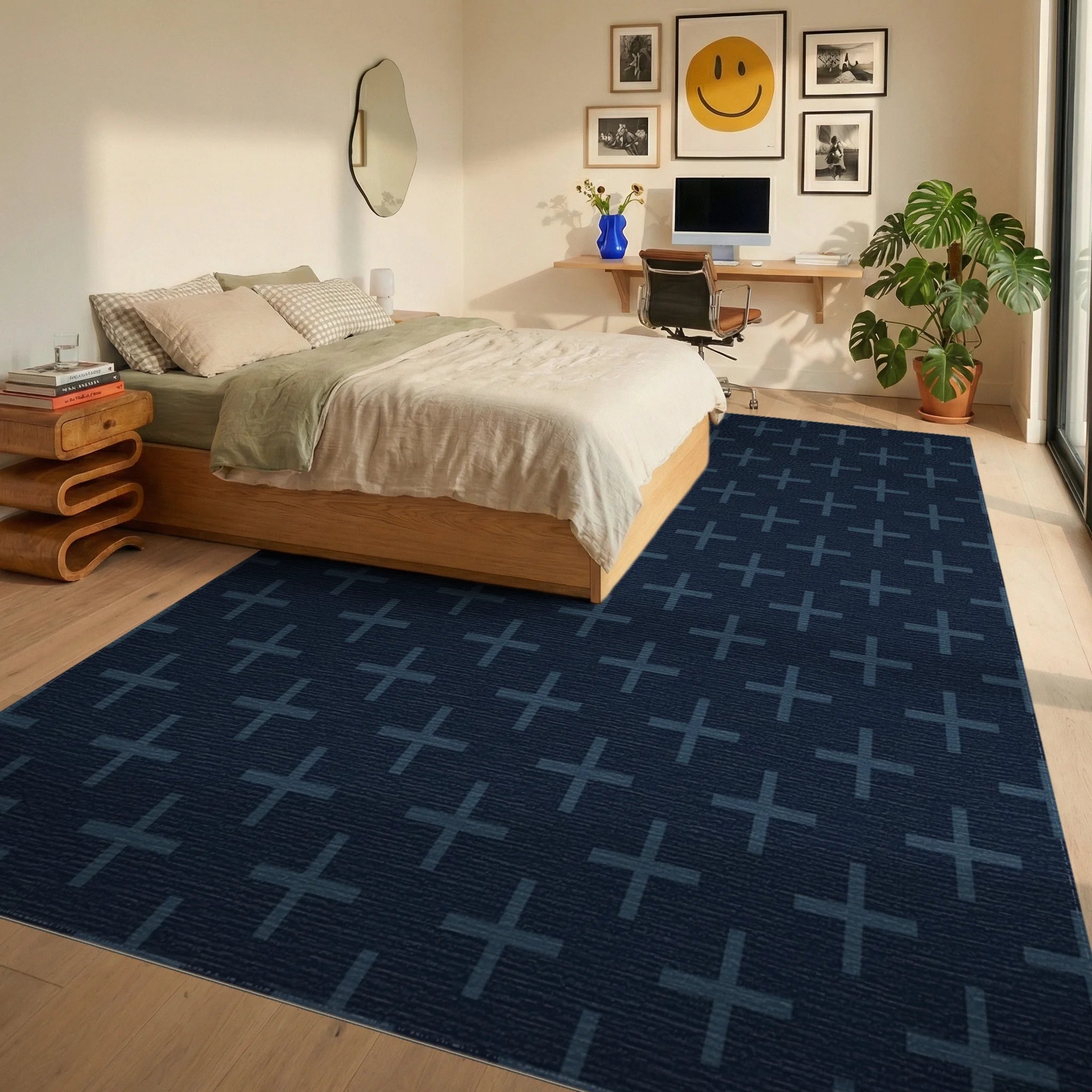 Dark Blue Plus All Over Rug Bedroom View