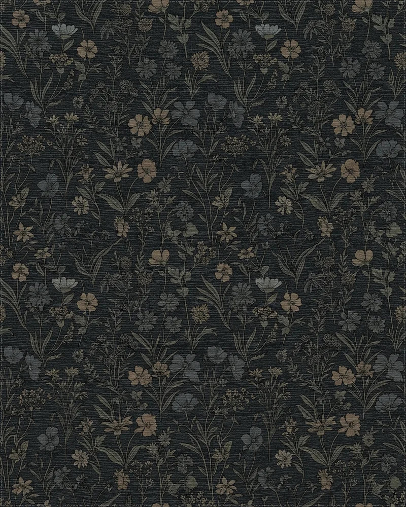 Dark Botanical Garden Floral Rug - Cutout View
