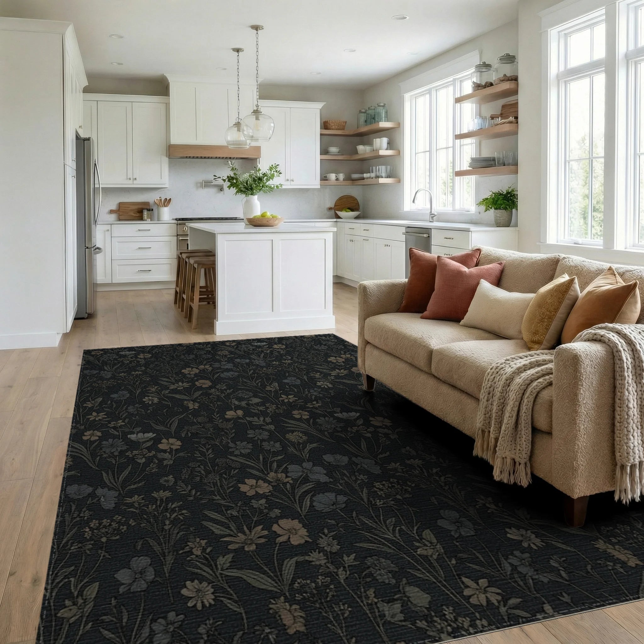 Dark Botanical Garden Floral Rug Living Room View