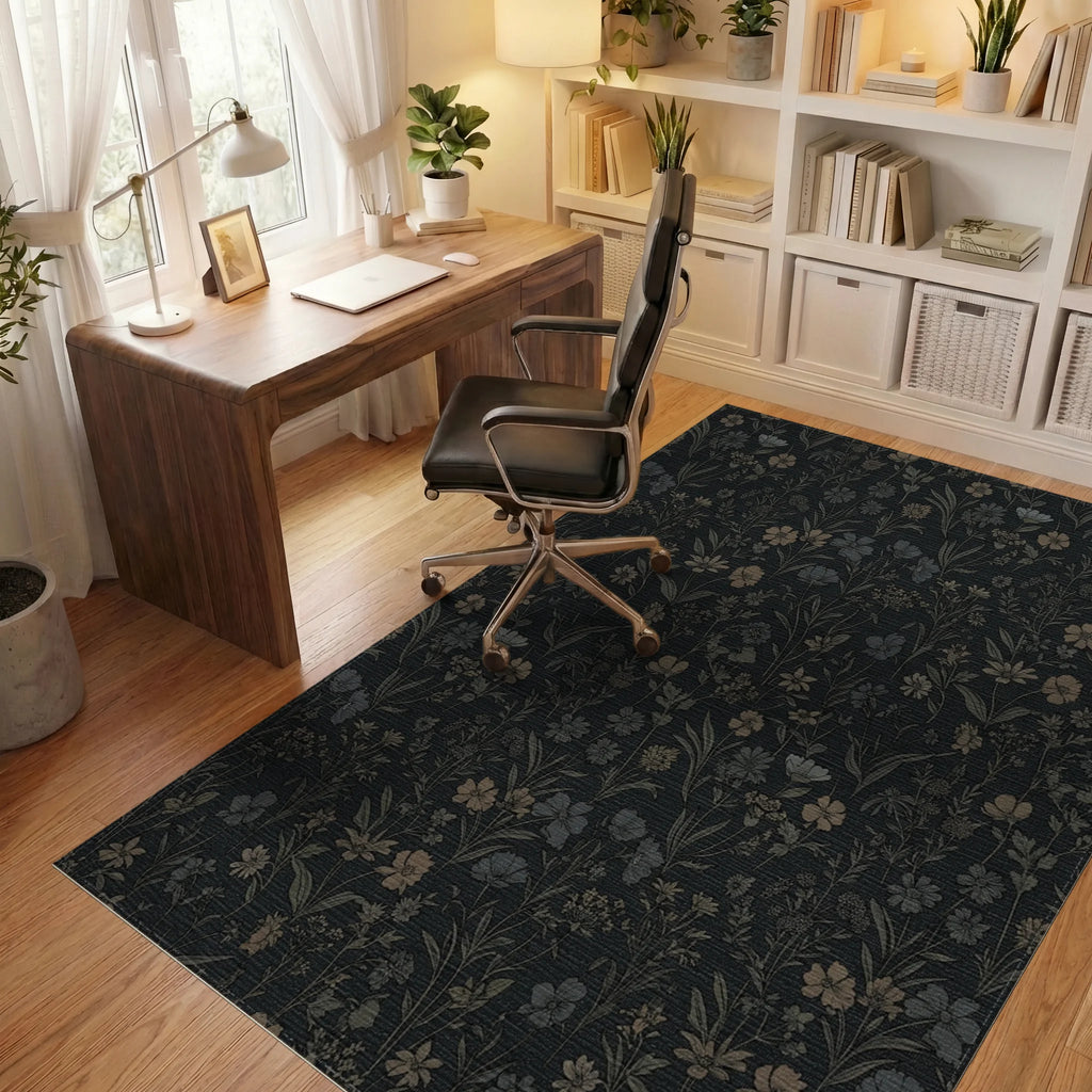 Dark Botanical Garden Floral Rug Office View