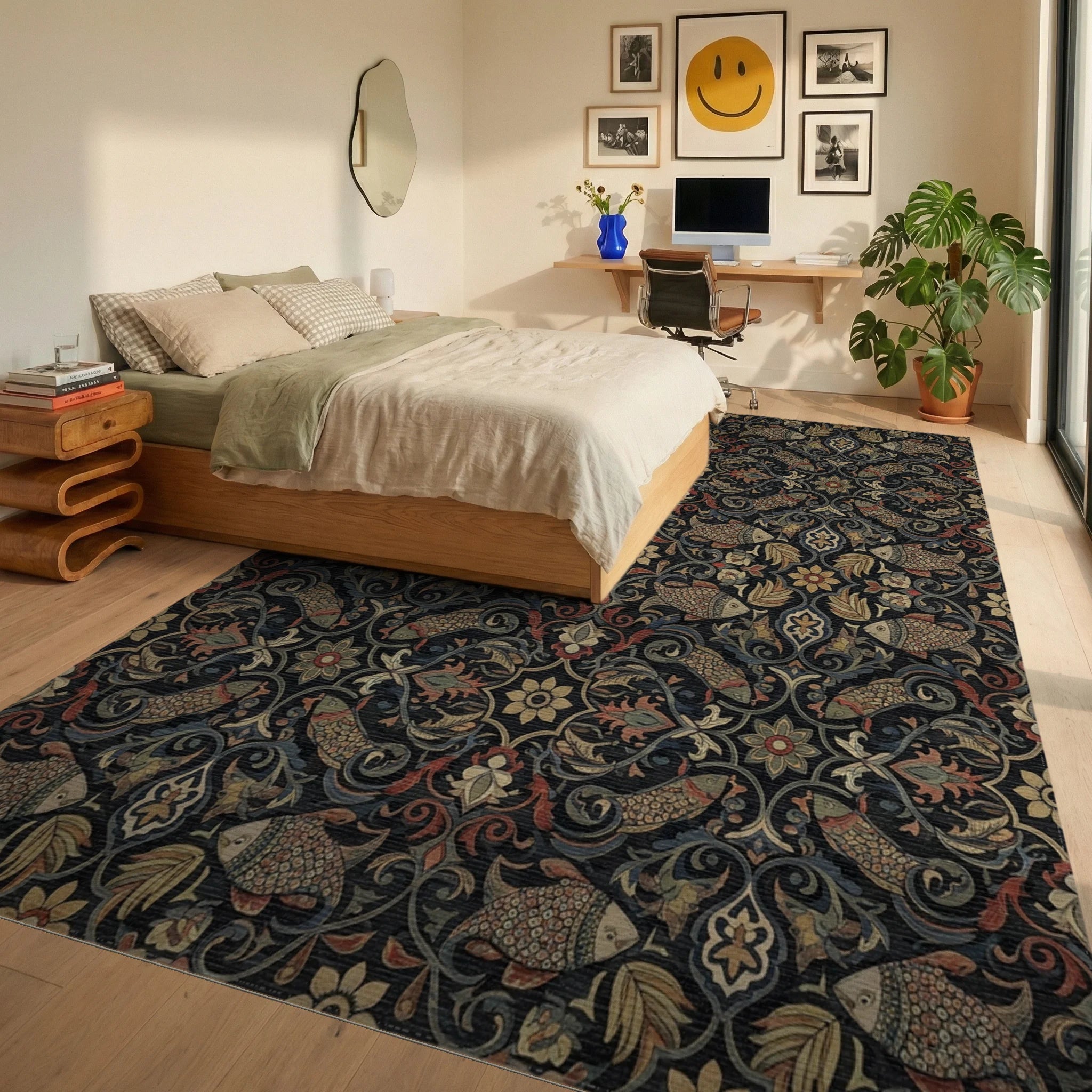 Dark Floral Fish Medallion Rug Bedroom View