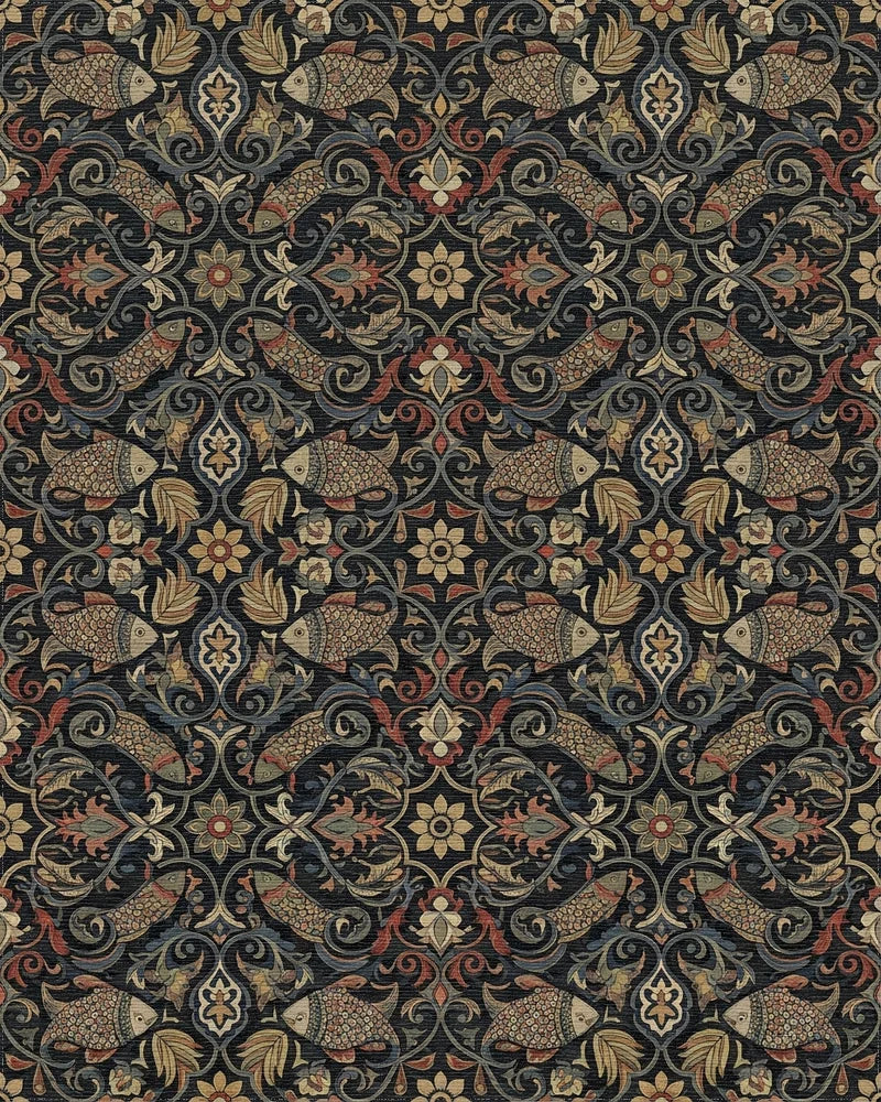 Dark Floral Fish Medallion Rug - Cutout View