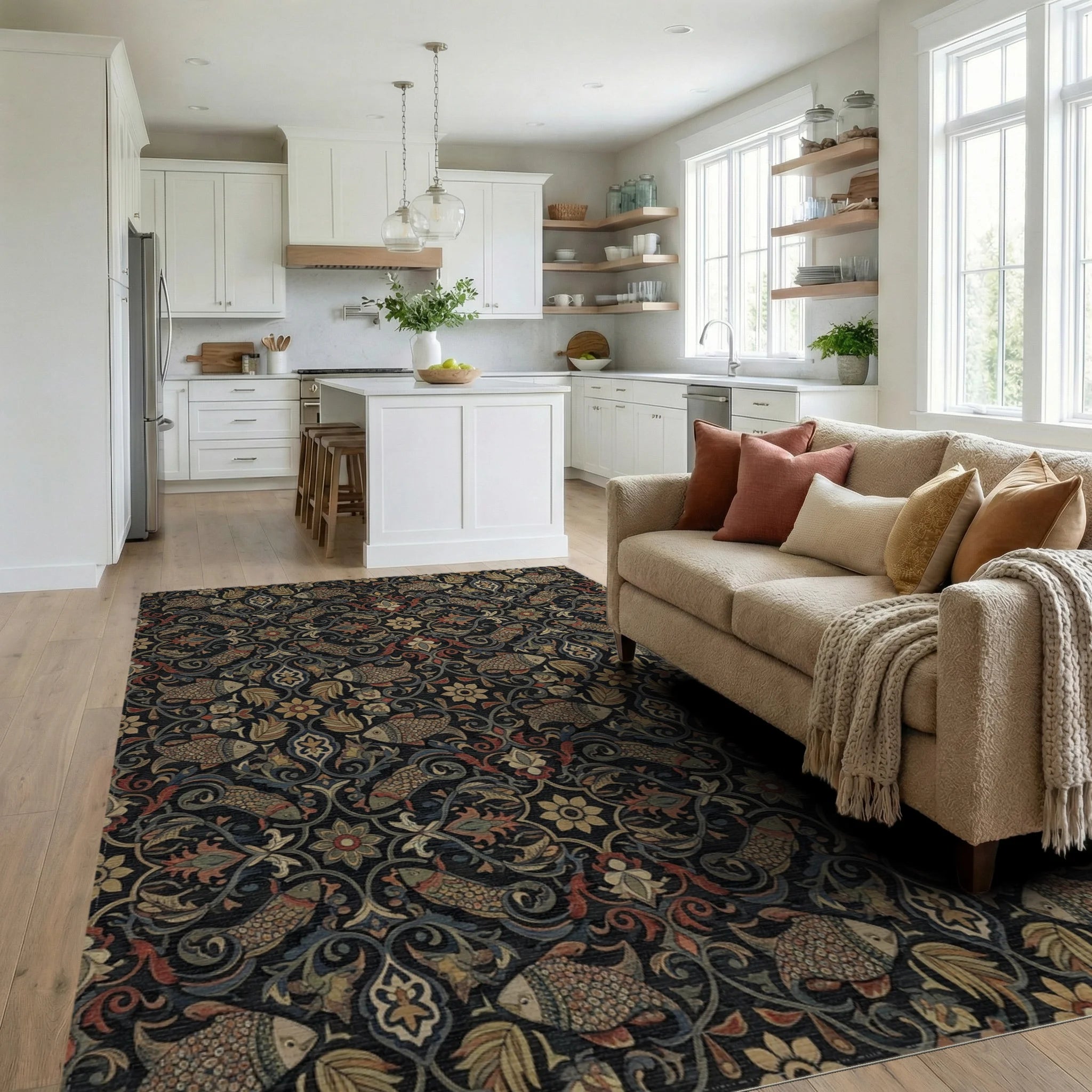 Dark Floral Fish Medallion Rug Living Room View