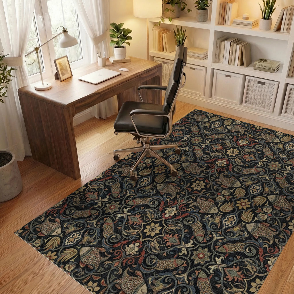 Dark Floral Fish Medallion Rug Office View