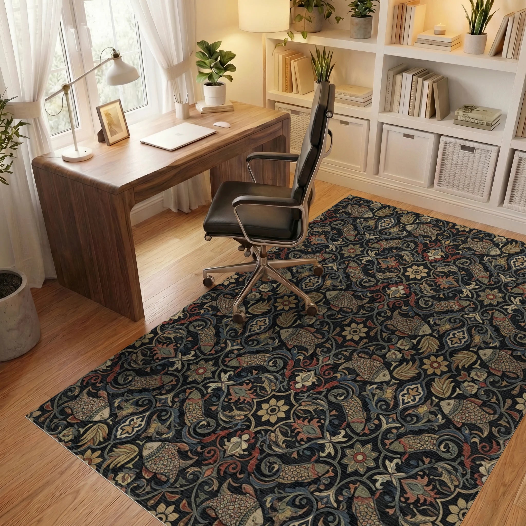 Dark Floral Fish Medallion Rug Office View