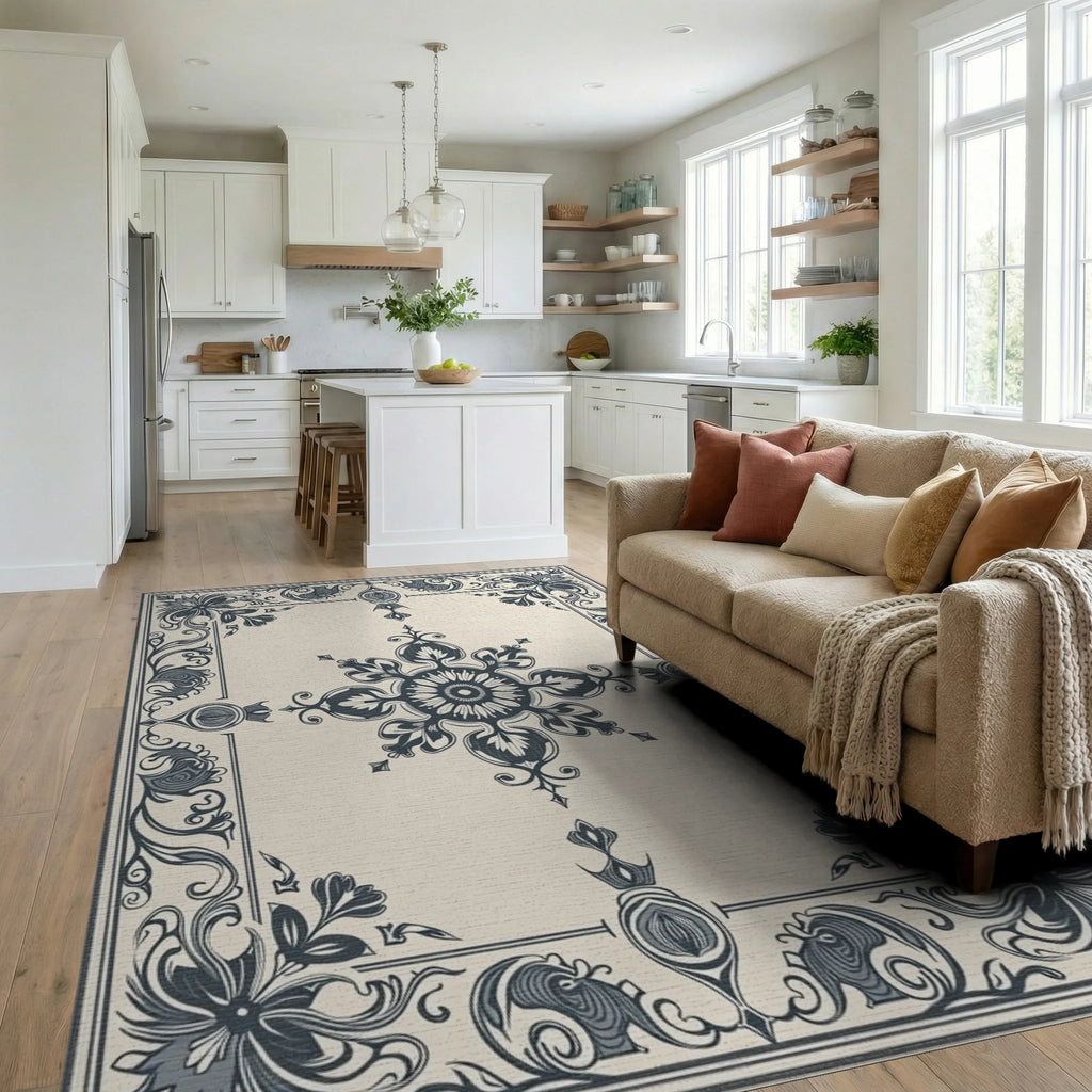 Dark Floral Patterned Elegant Rug Living Room View