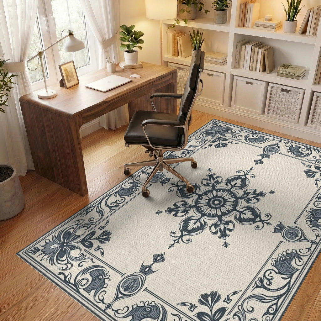 Dark Floral Patterned Elegant Rug Office View