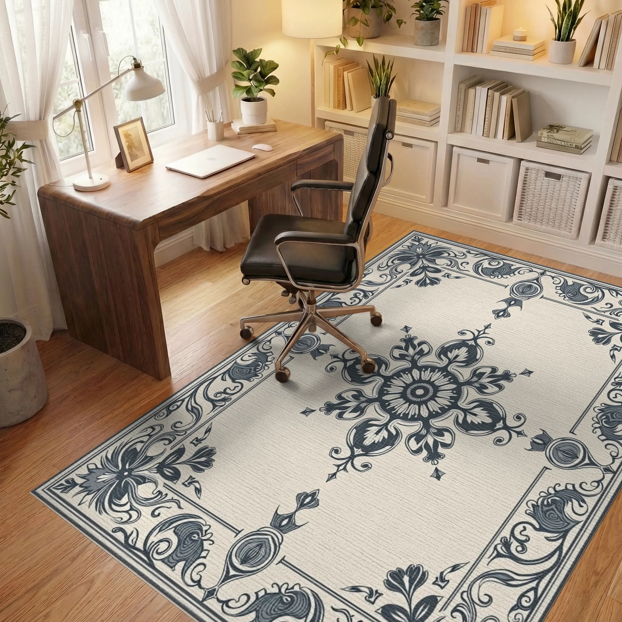 Dark Floral Patterned Elegant Rug Office View