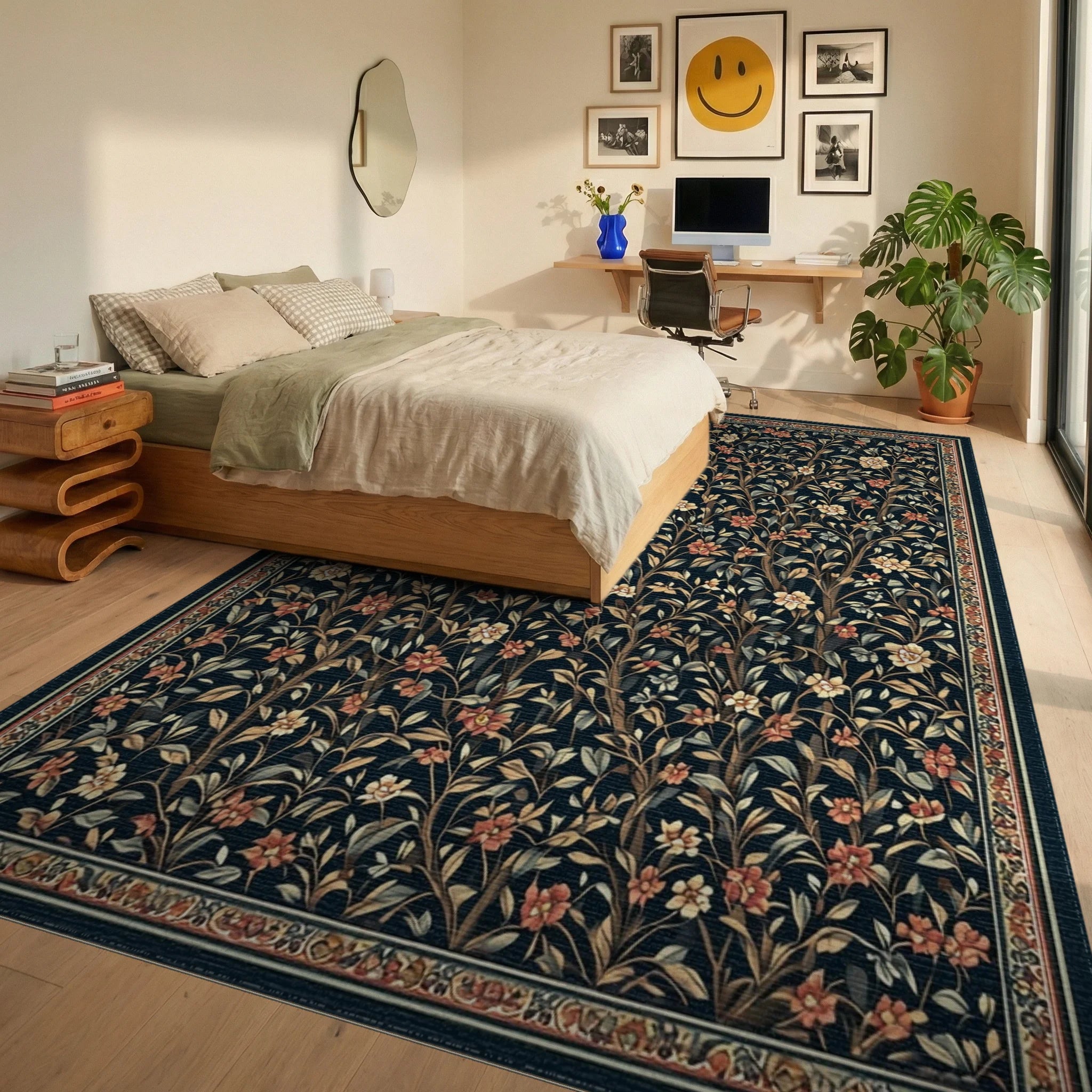 Dark Floral Tree Vine Pattern Rug - Bedroom View