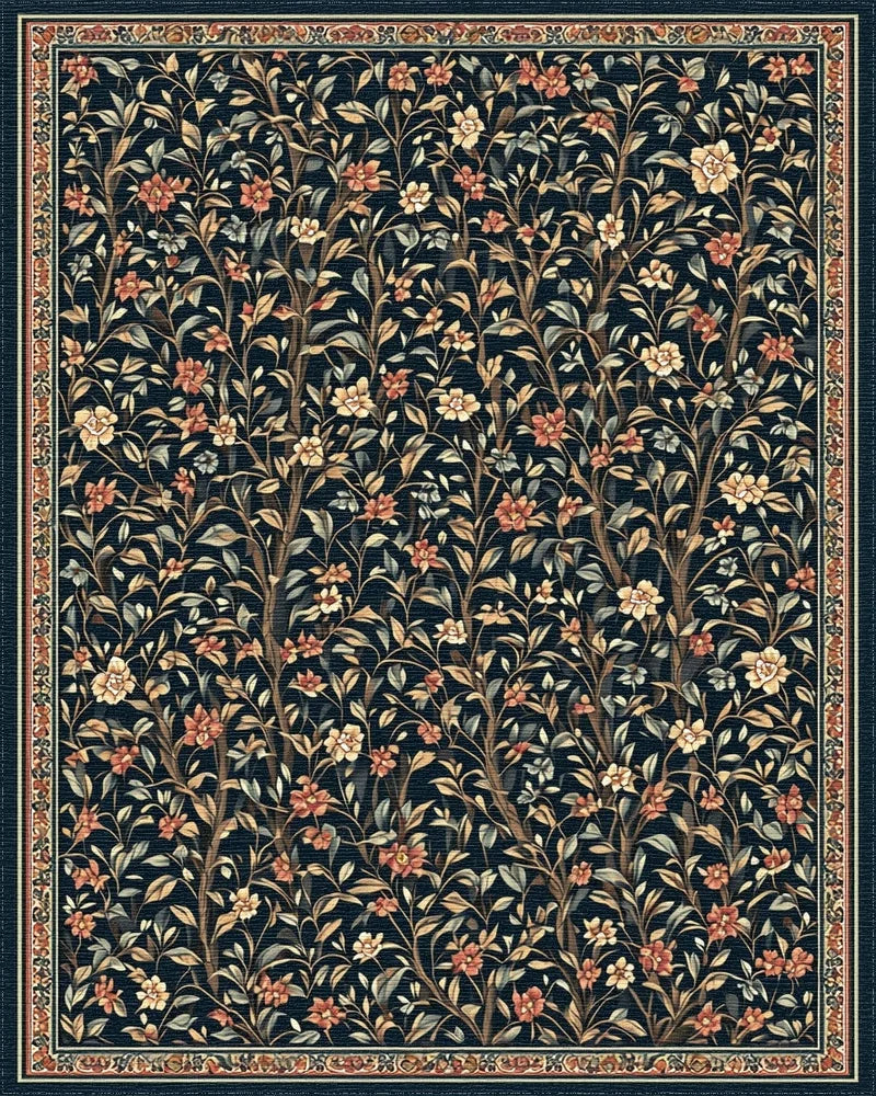 Dark Floral Tree Vine Pattern Rug - Cutout View