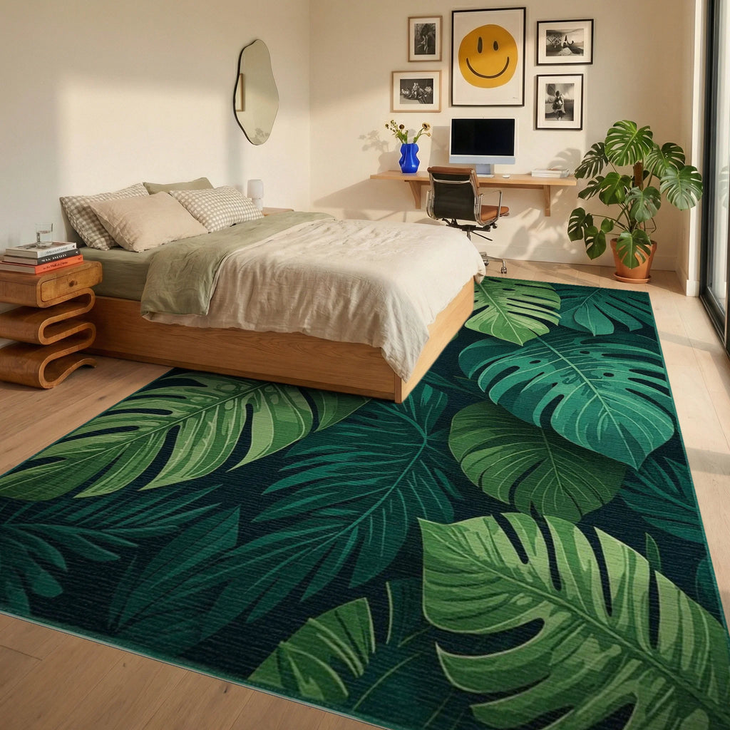 Dark Forest Green Tropical Leaf Rug - Bedroom View