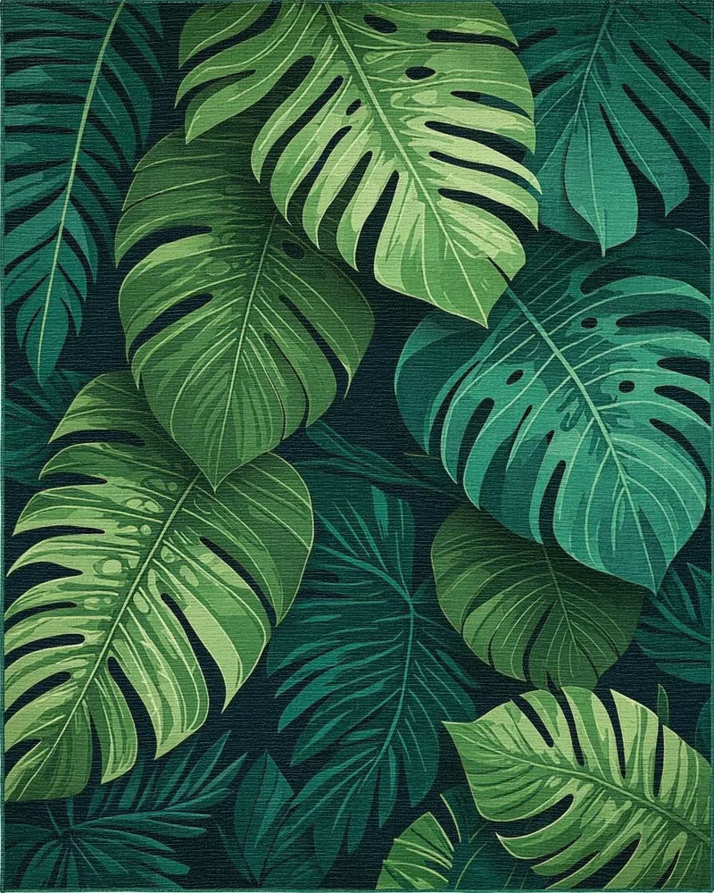 Dark Forest Green Tropical Leaf Rug - Cutout View