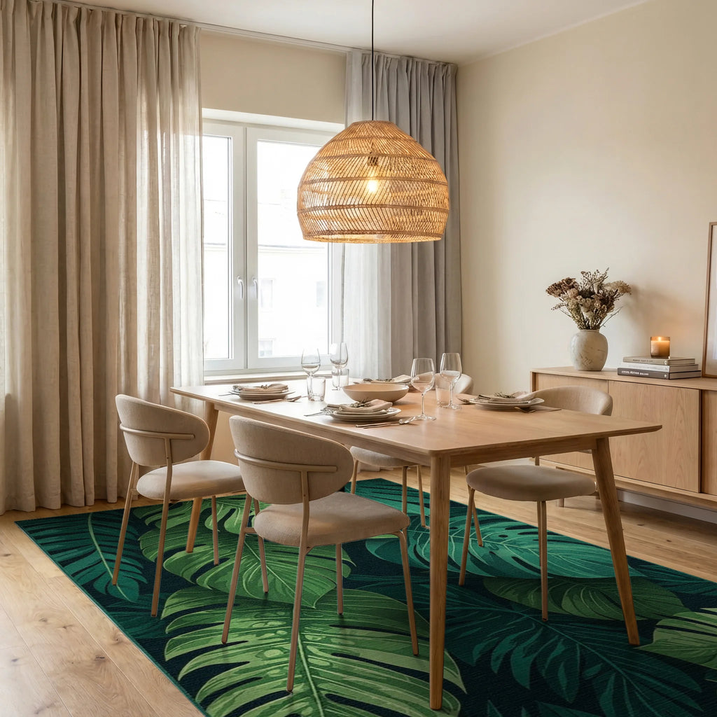 Dark Forest Green Tropical Leaf Rug - Dining Room View