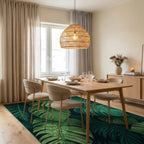 Dark Forest Green Tropical Leaf Rug - Dining Room View