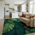 Dark Forest Green Tropical Leaf Rug - Living Room View