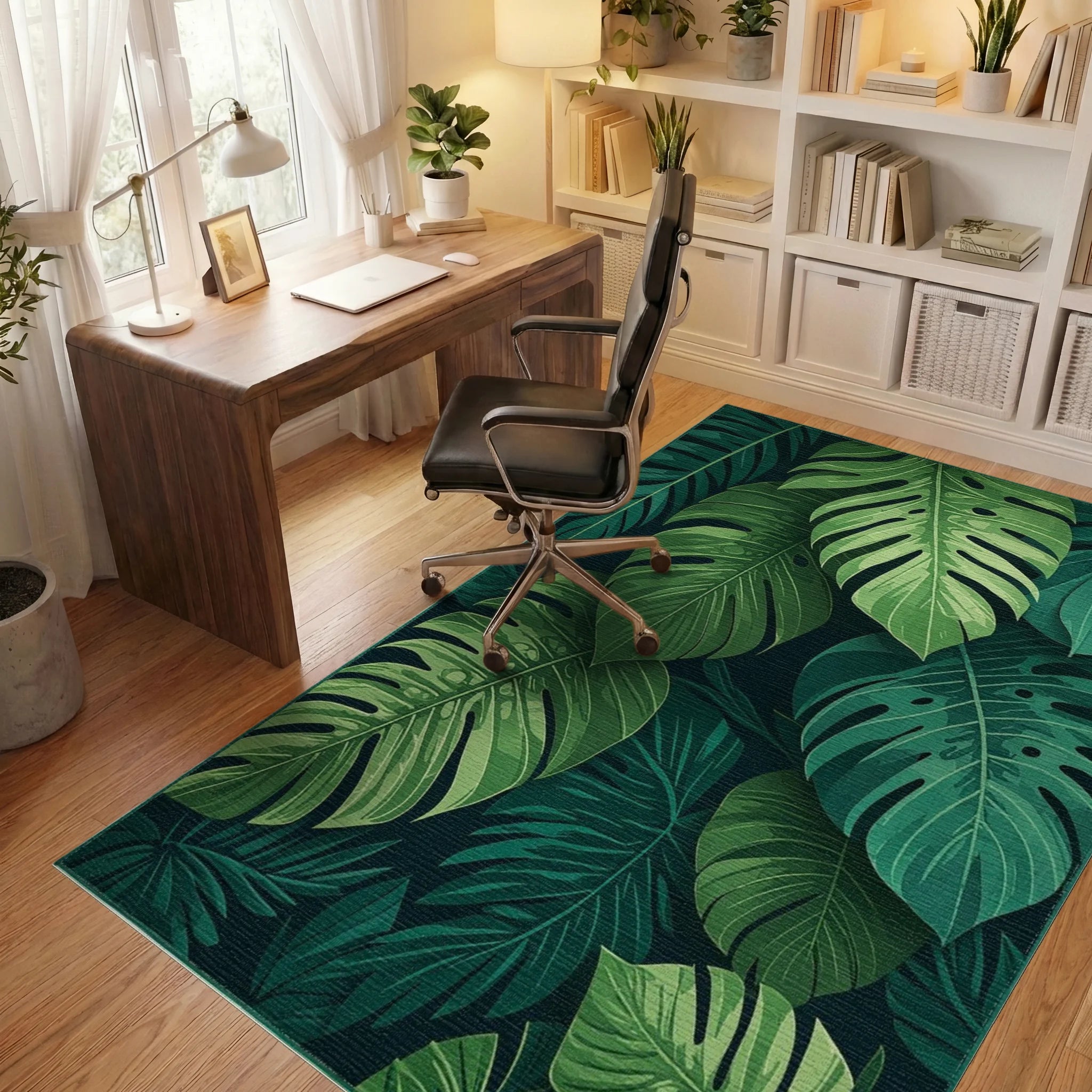 Dark Forest Green Tropical Leaf Rug - Office View
