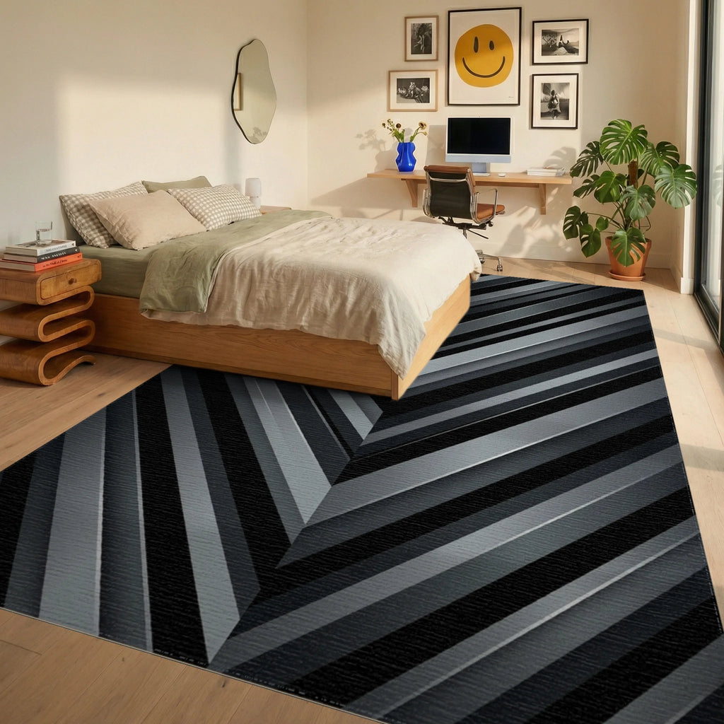 Dark Gray Chevron Stripe Rug Bedroom View