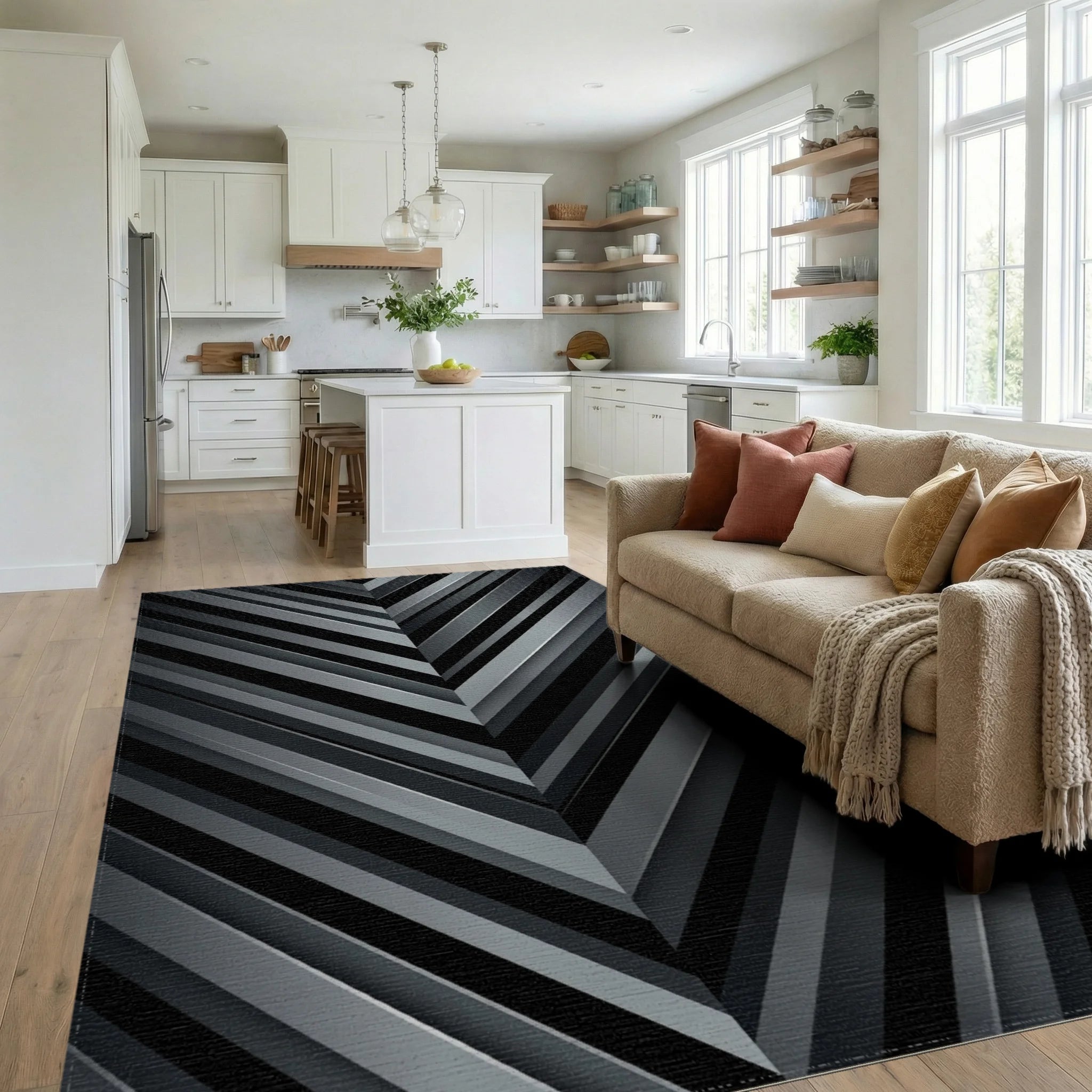 Dark Gray Chevron Stripe Rug Living Room View