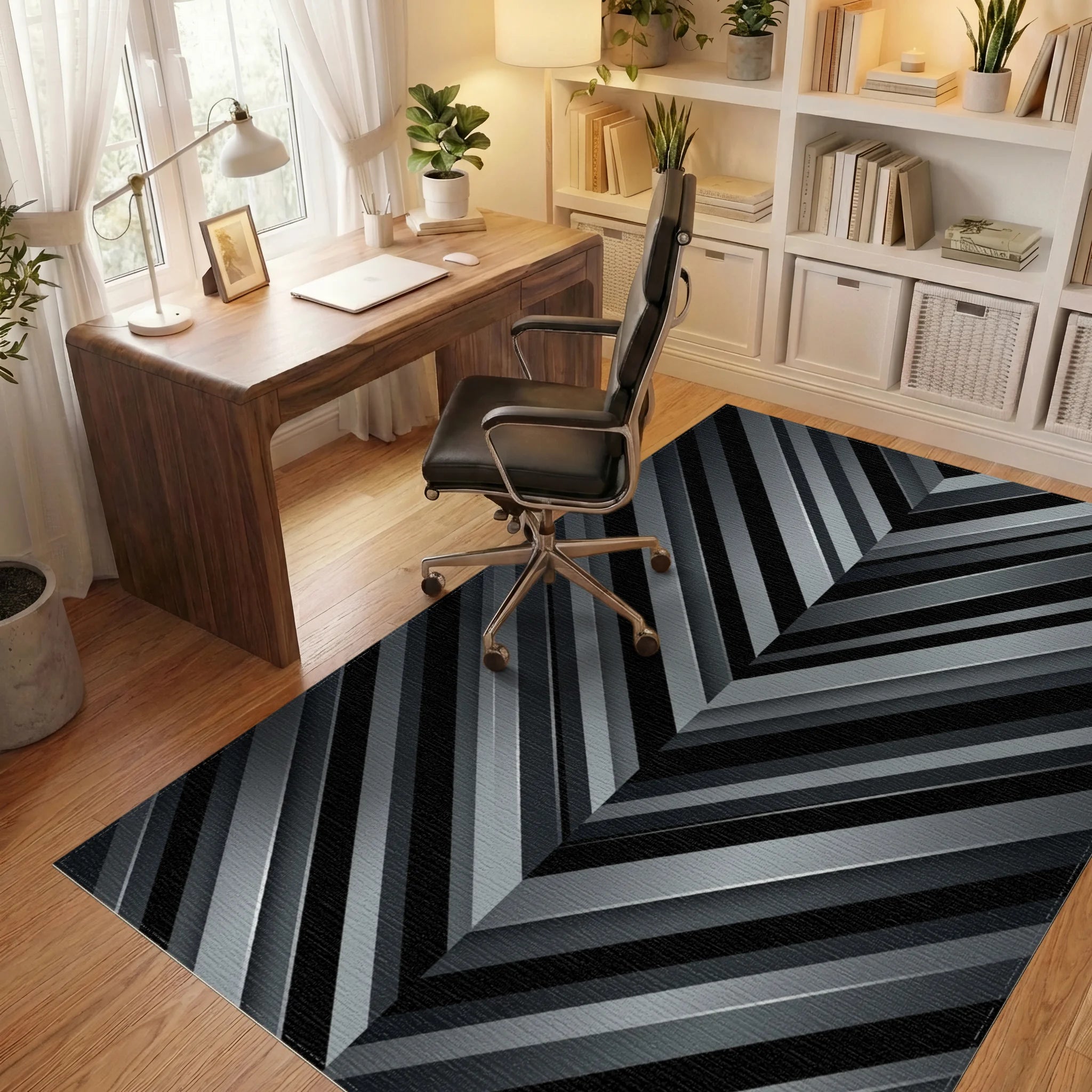 Dark Gray Chevron Stripe Rug Office View