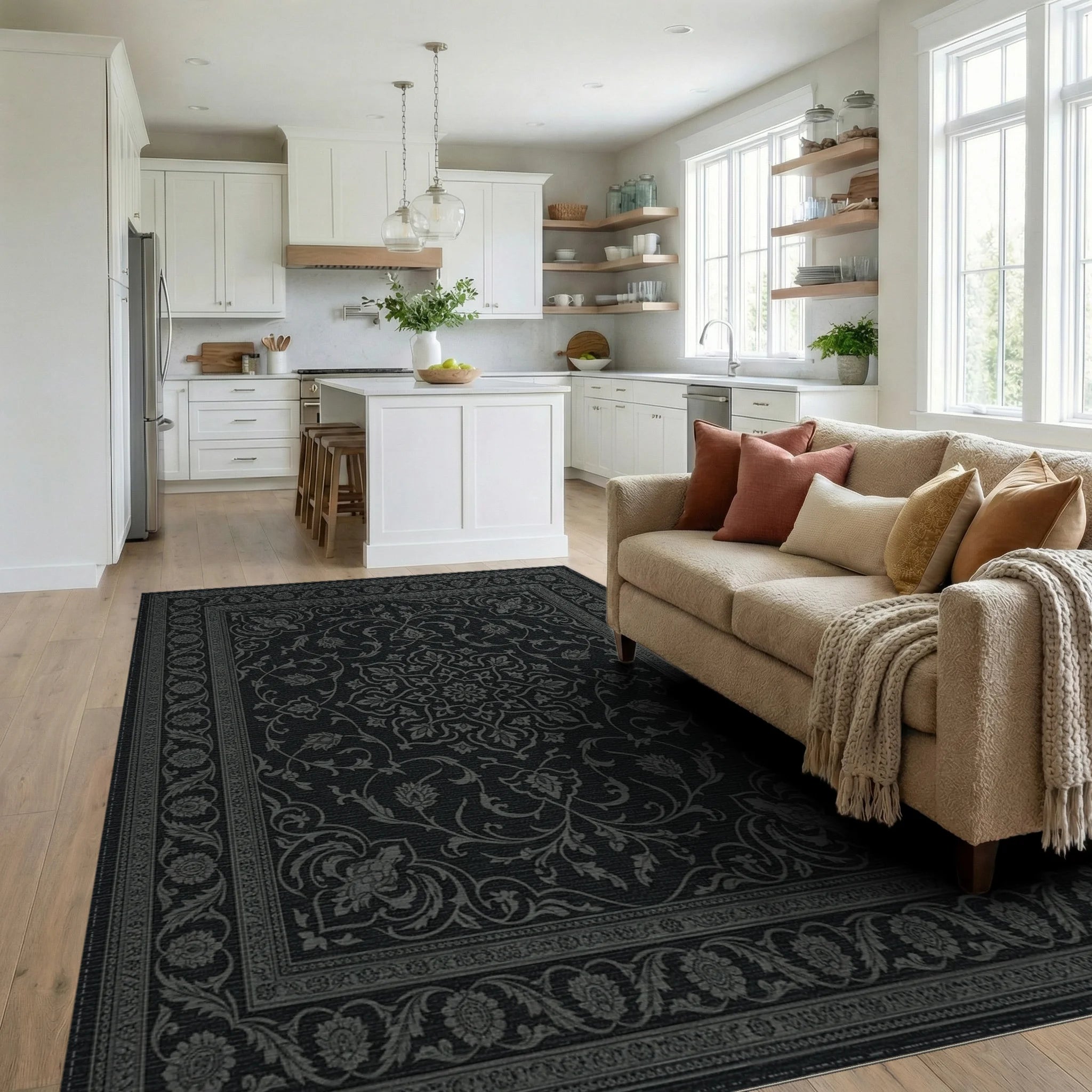 Dark Gray Intricate Floral Medallion Rug Living Room View