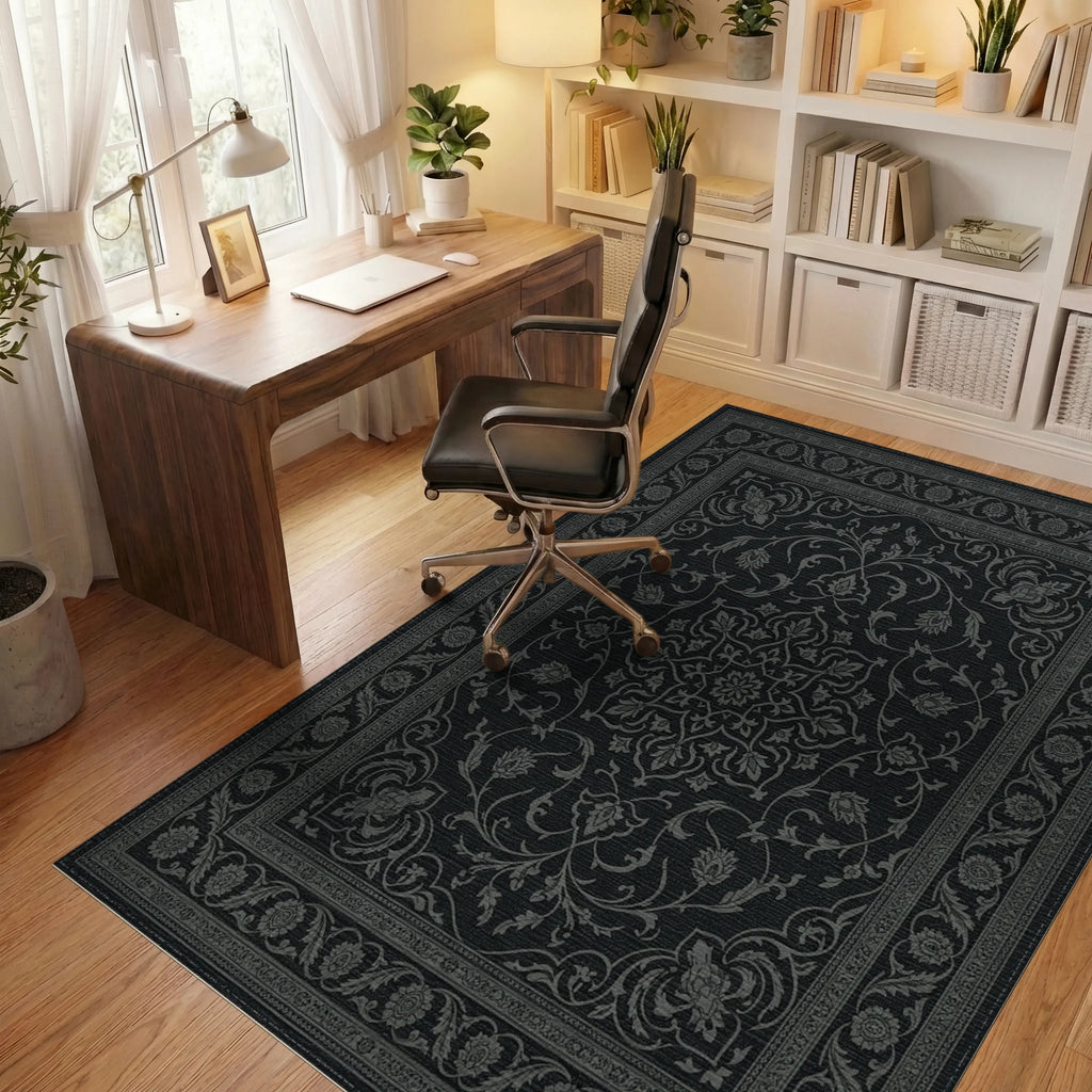 Dark Gray Intricate Floral Medallion Rug Office View