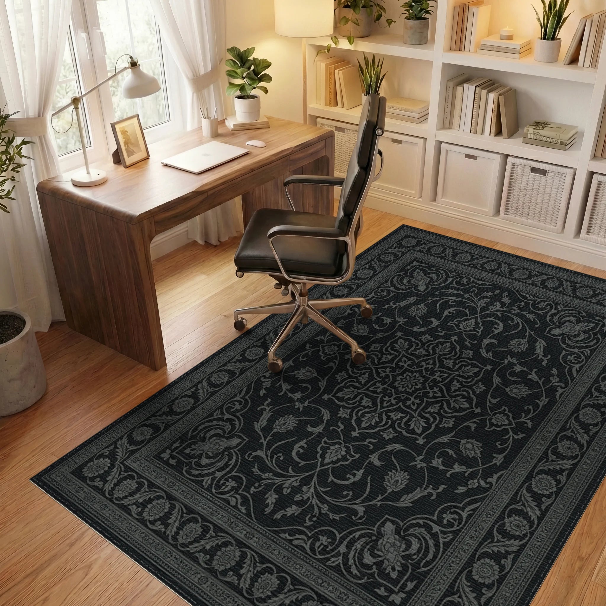 Dark Gray Intricate Floral Medallion Rug Office View