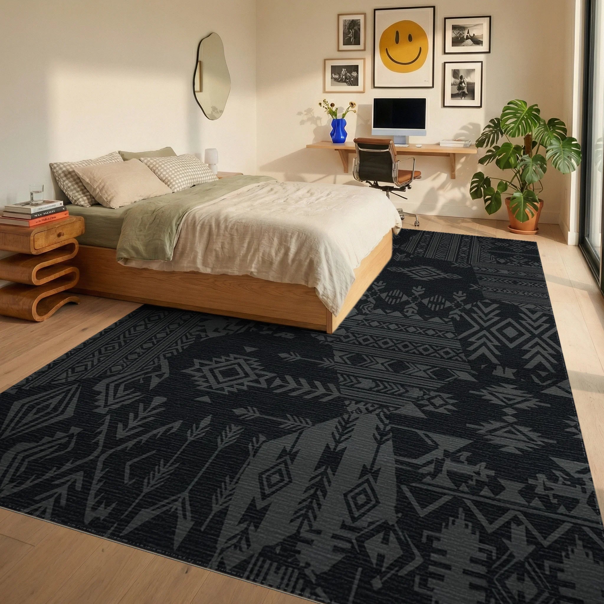 Dark Gray Patchwork Geometric Arrow Rug Bedroom View