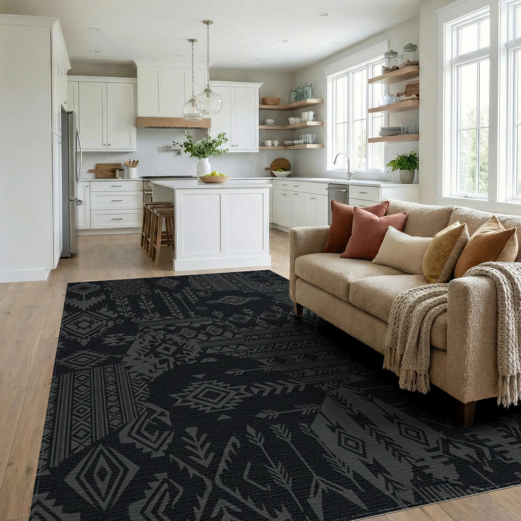 Dark Gray Patchwork Geometric Arrow Rug Living Room View