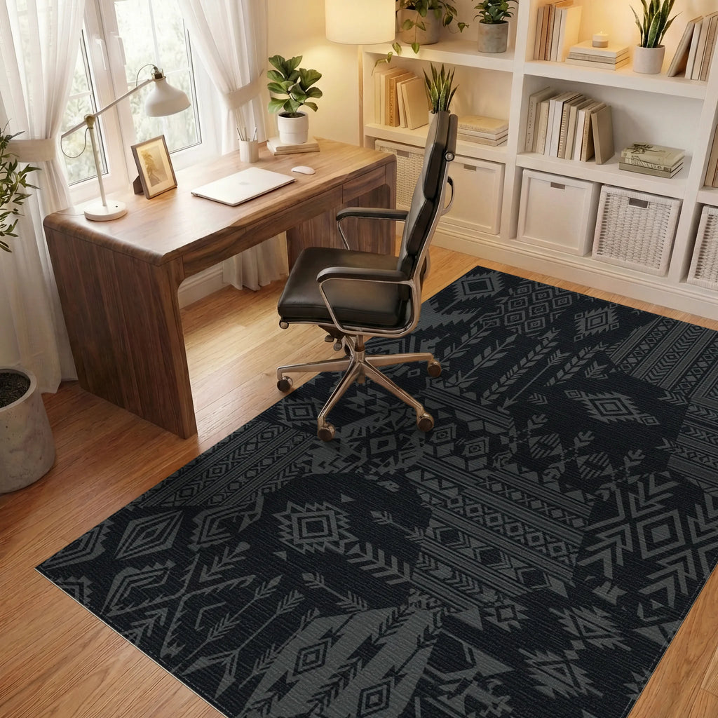 Dark Gray Patchwork Geometric Arrow Rug Office View