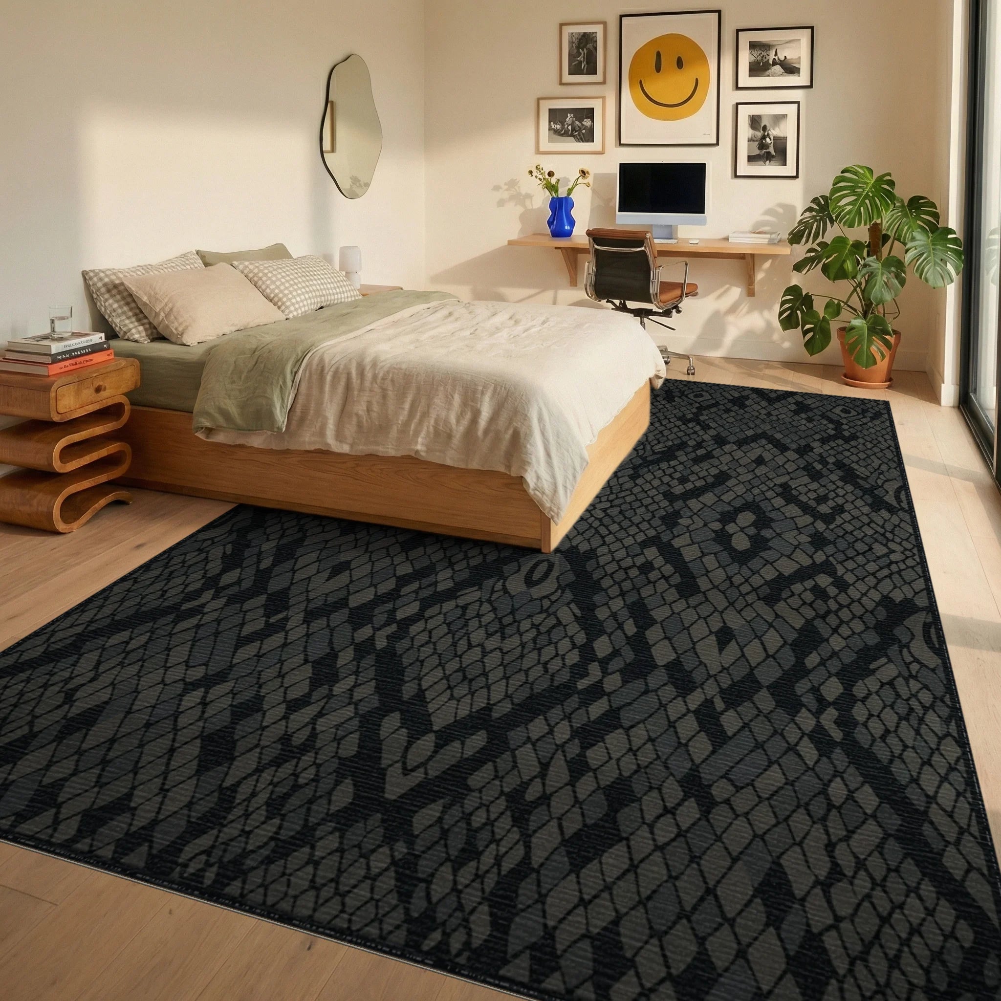 Dark Gray Snakeskin Scales Rug Bedroom View