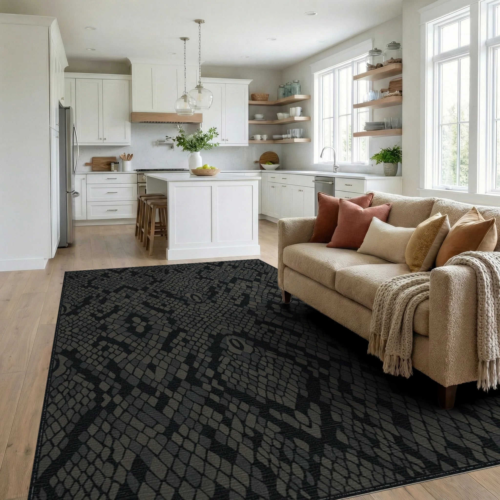 Dark Gray Snakeskin Scales Rug Living Room View