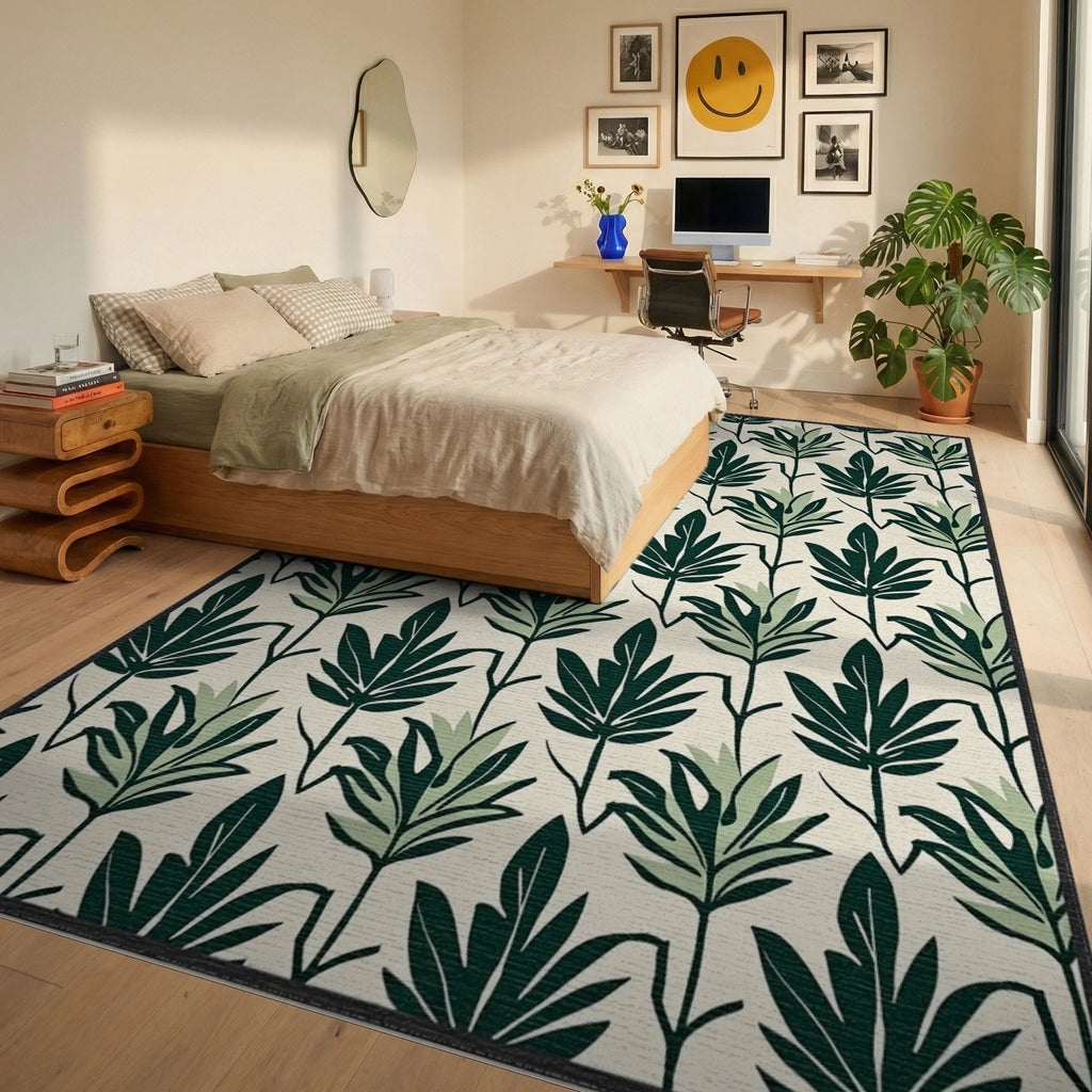 Dark Green Leafy Pattern Rug Bedroom View