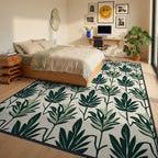 Dark Green Leafy Pattern Rug Bedroom View