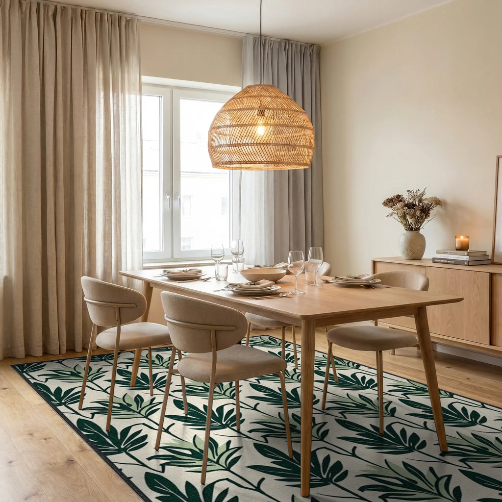 Dark Green Leafy Pattern Rug Dining Room View