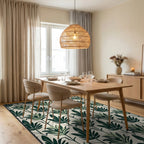 Dark Green Leafy Pattern Rug Dining Room View