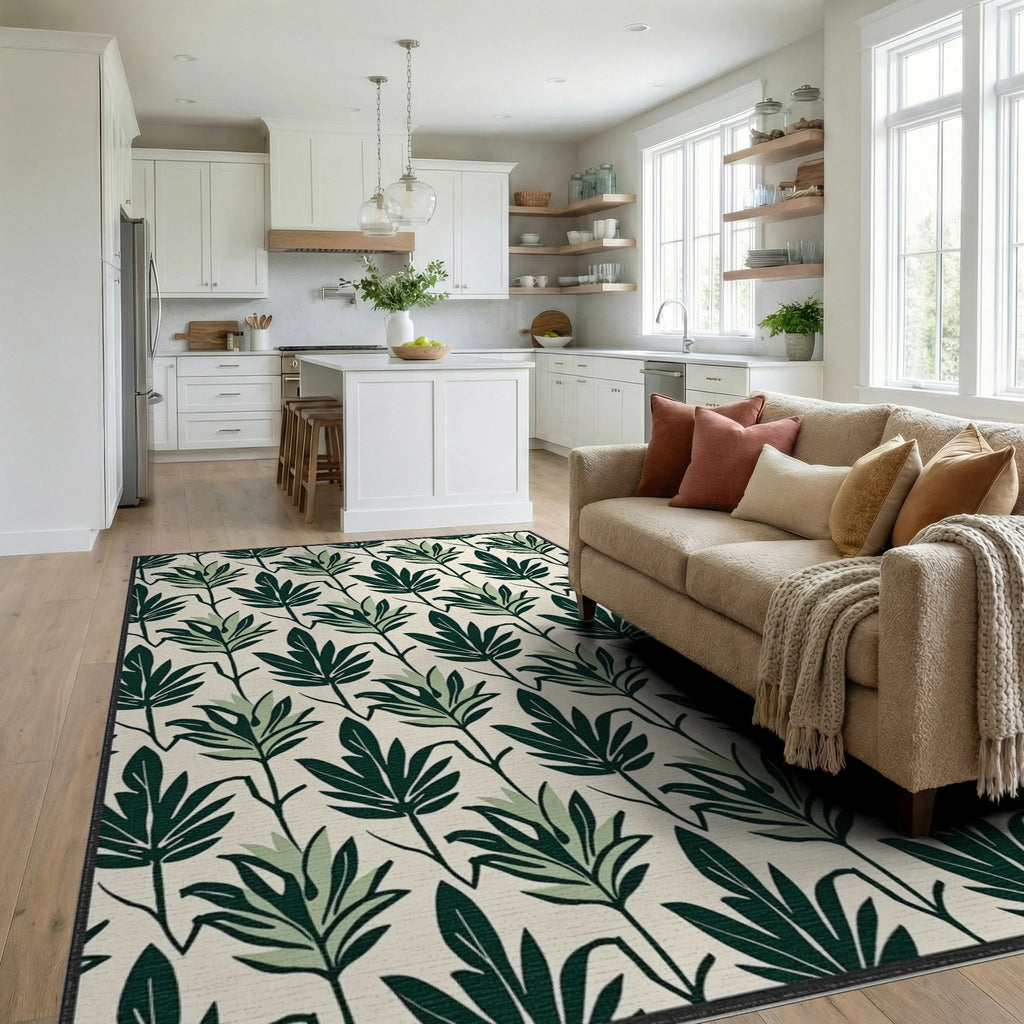 Dark Green Leafy Pattern Rug Living Room View