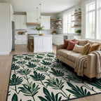 Dark Green Leafy Pattern Rug Living Room View