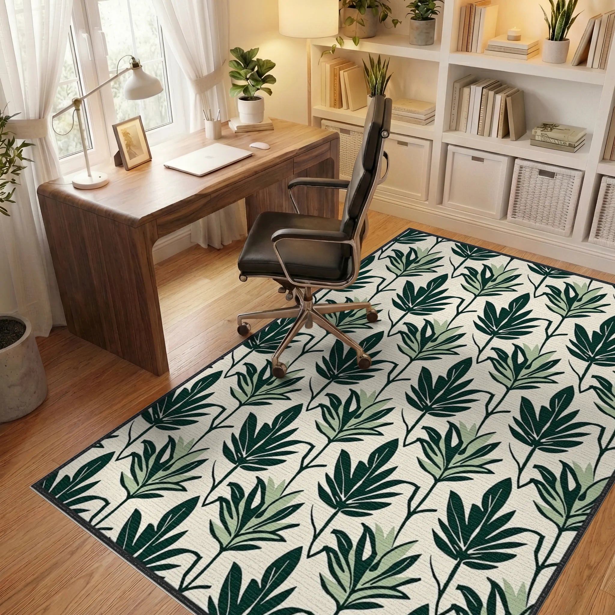 Dark Green Leafy Pattern Rug Office View