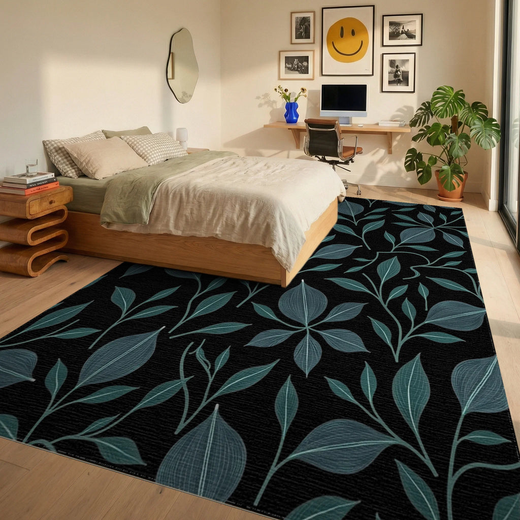 Dark Leafy Vine Pattern Rug Bedroom View