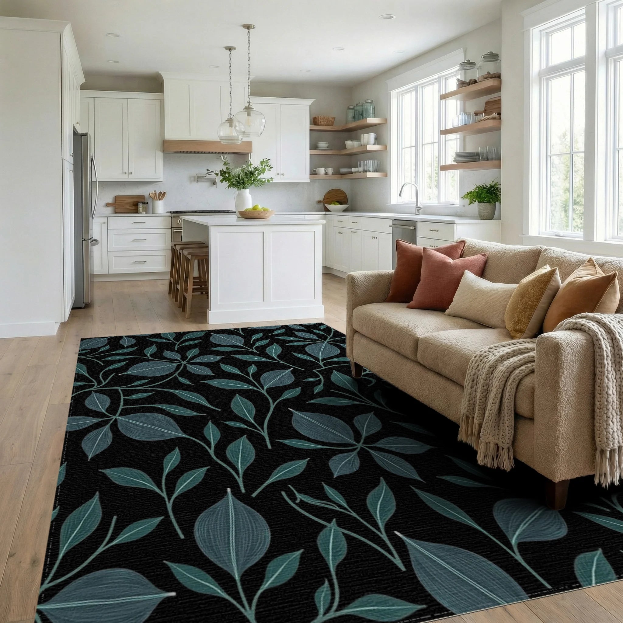 Dark Leafy Vine Pattern Rug Living Room View