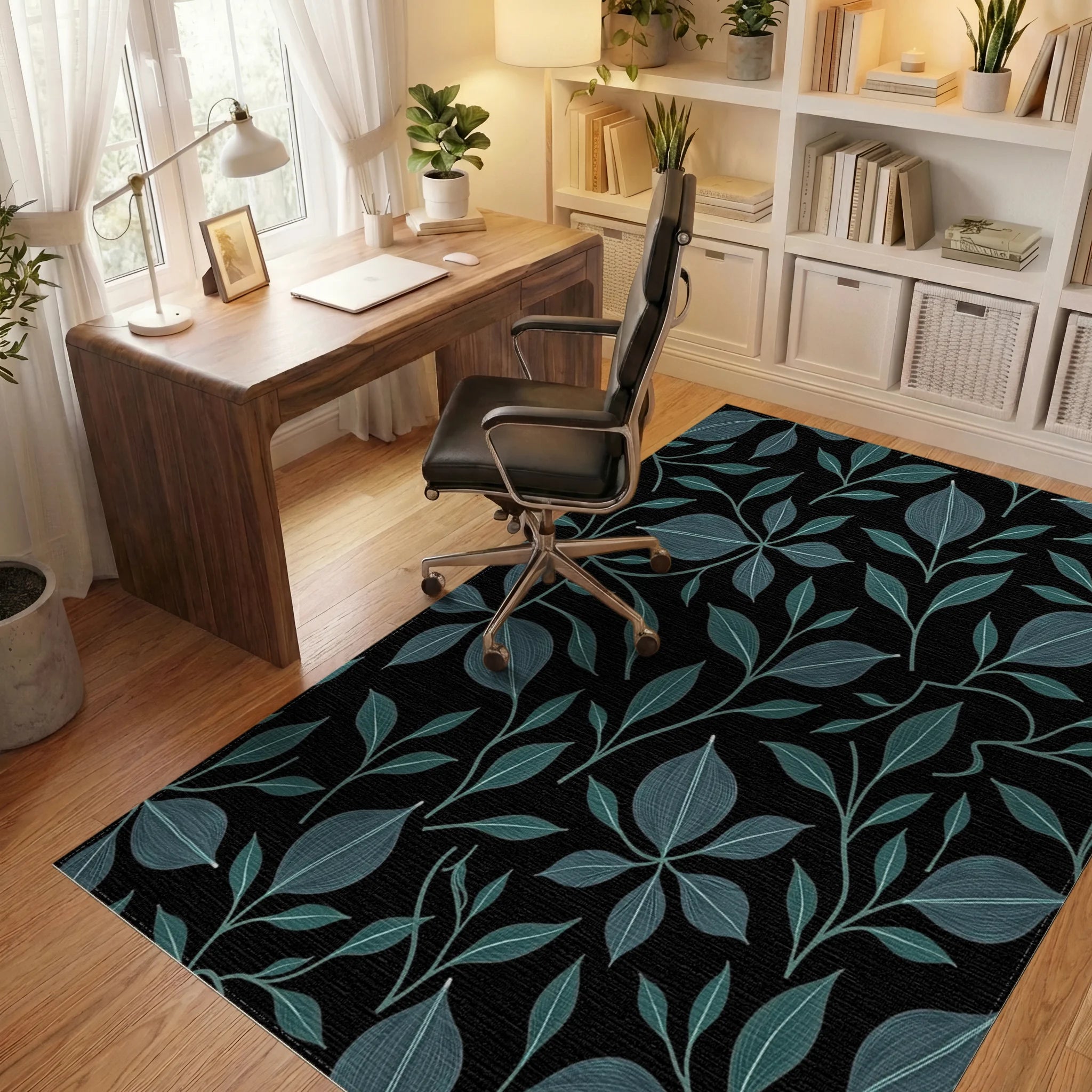 Dark Leafy Vine Pattern Rug Office View