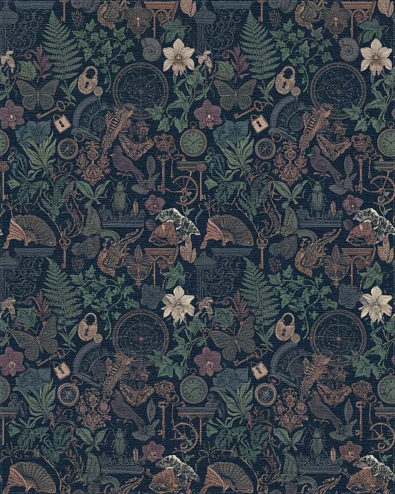 Dark Navy Nocturnal Botanical Collage Rug - Cutout View