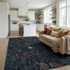 Dark Navy Nocturnal Botanical Collage Rug Living Room View