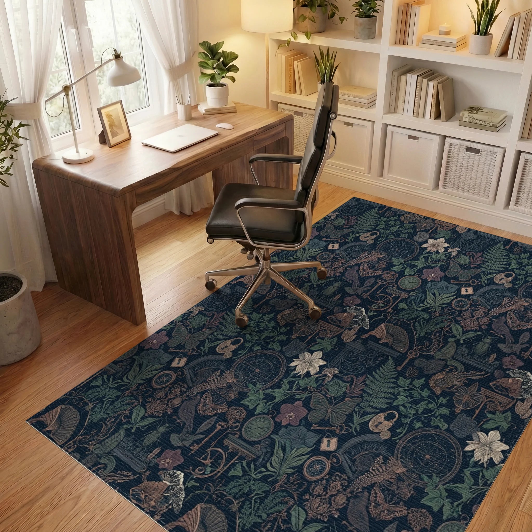 Dark Navy Nocturnal Botanical Collage Rug Office View